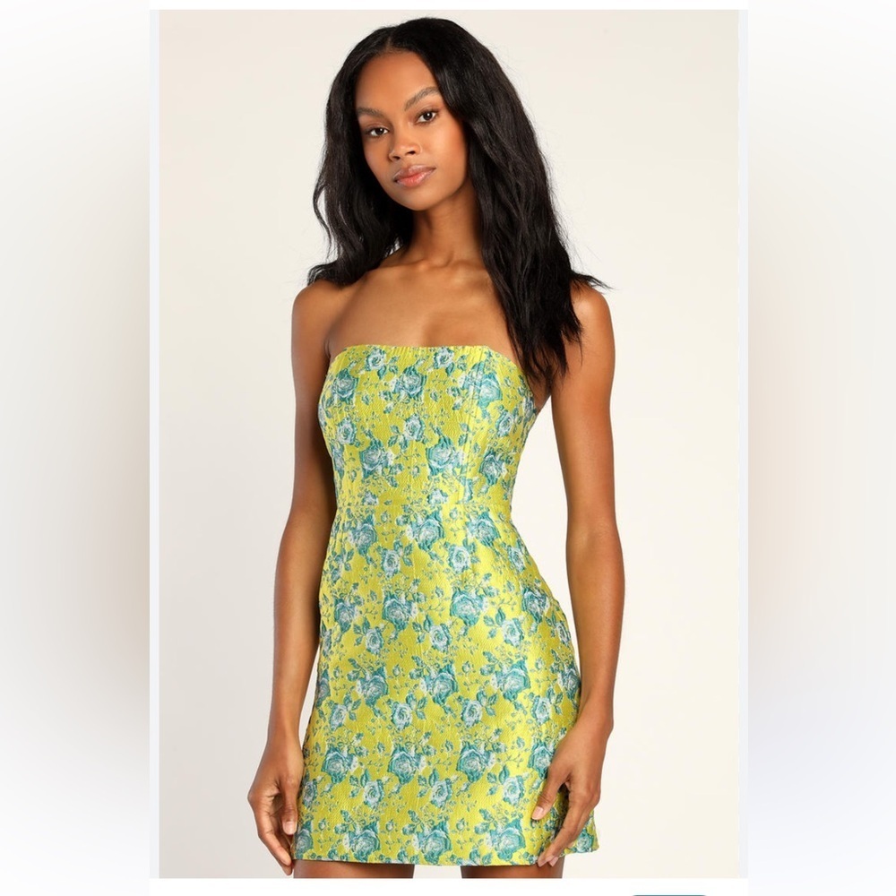 Lulu's Strapless Floral Dress in Yellow and Blue